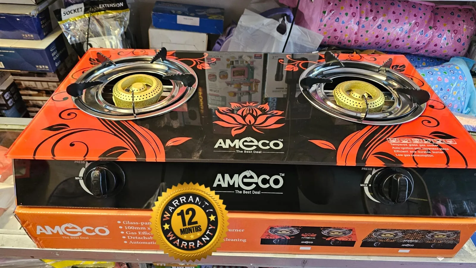 Ameco Glass Top Double Burner Gas cooker